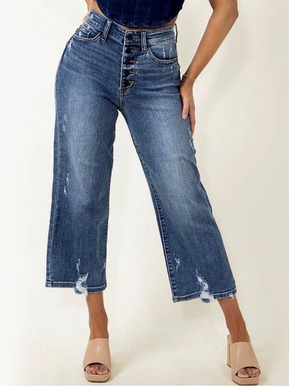 Judy Blue Medium Wash Button-Front Wide Leg Jeans